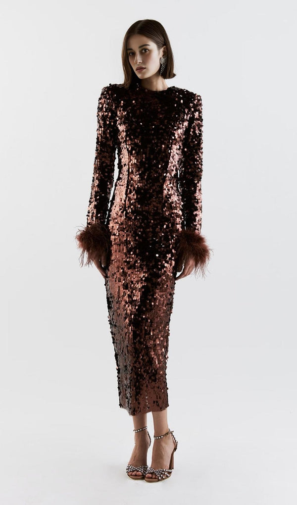 SEQUIN FEATHER LONG SLEEVES MIDI DRESS