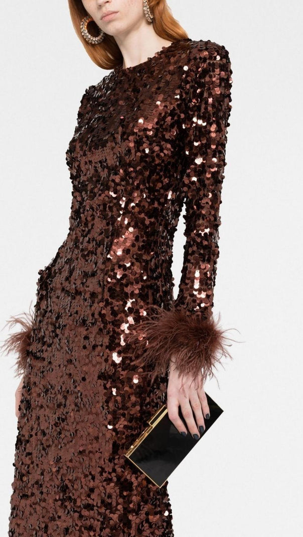 AIIZIE SEQUIN FEATHER LONG SLEEVES MIDI DRESS - product image