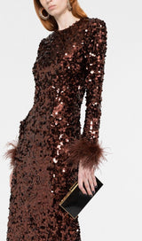 SEQUIN FEATHER LONG SLEEVES MIDI DRESS