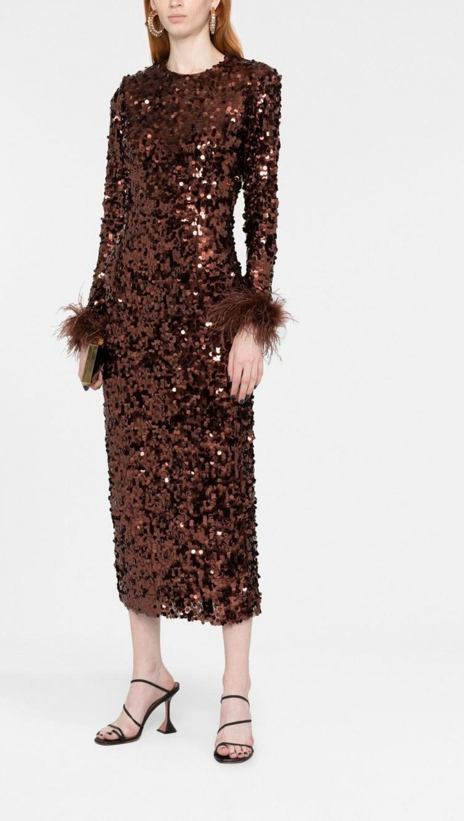 SEQUIN FEATHER LONG SLEEVES MIDI DRESS