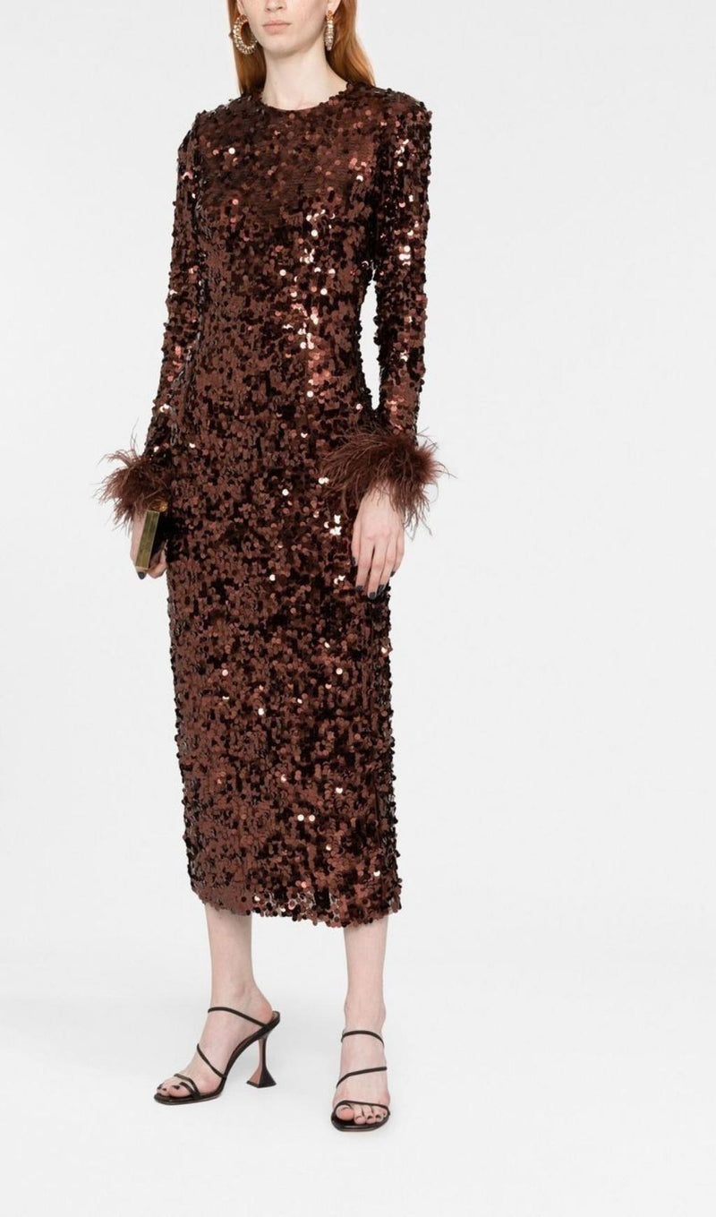 SEQUIN FEATHER LONG SLEEVES MIDI DRESS