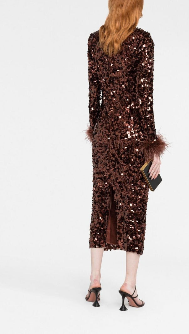 AIIZIE SEQUIN FEATHER LONG SLEEVES MIDI DRESS - product image