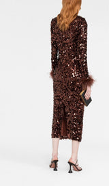 SEQUIN FEATHER LONG SLEEVES MIDI DRESS