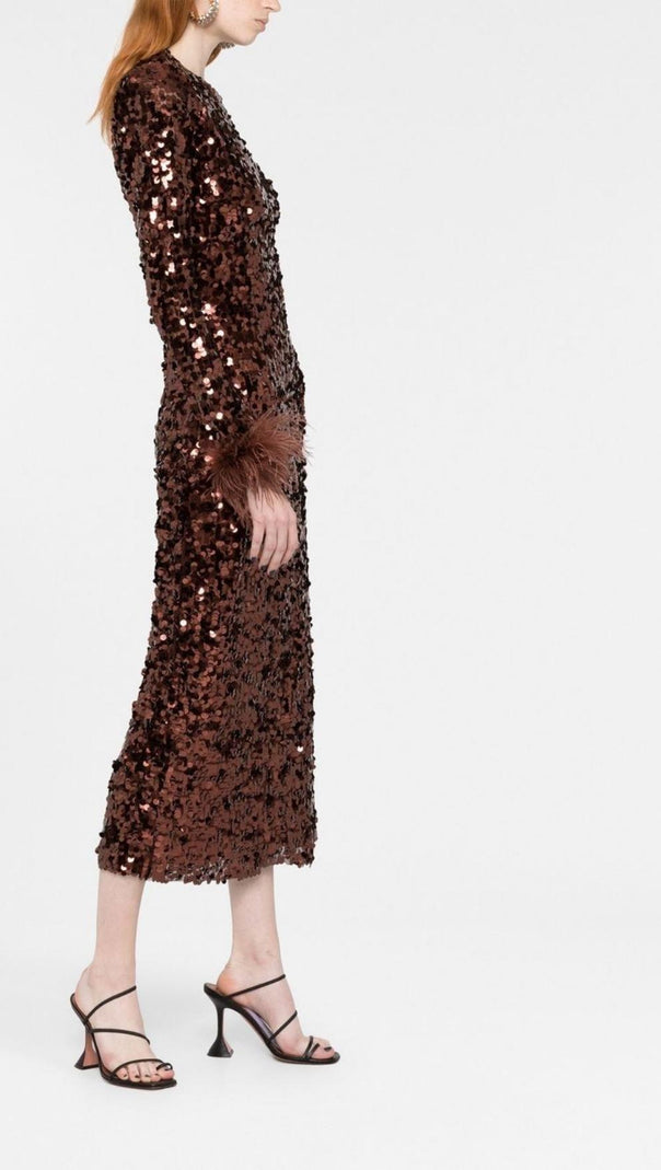 AIIZIE SEQUIN FEATHER LONG SLEEVES MIDI DRESS - product image