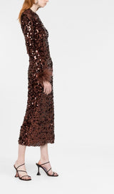 SEQUIN FEATHER LONG SLEEVES MIDI DRESS