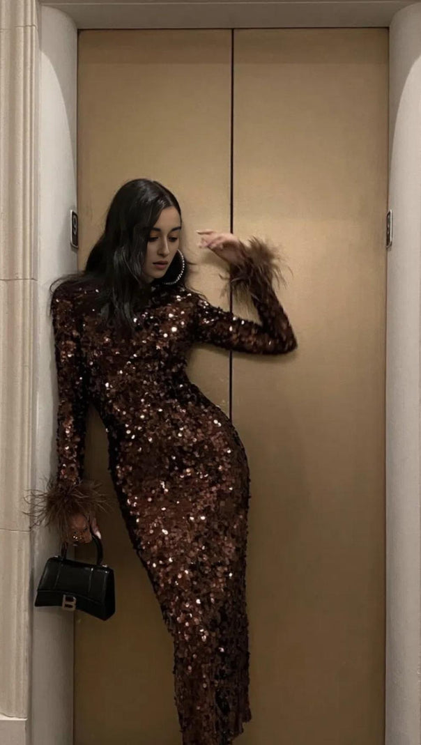 AIIZIE SEQUIN FEATHER LONG SLEEVES MIDI DRESS - product image