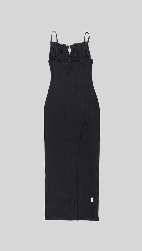 KNIT DRESS WITH SEASHELLS BREAST AND HIGH SLIT BLACK