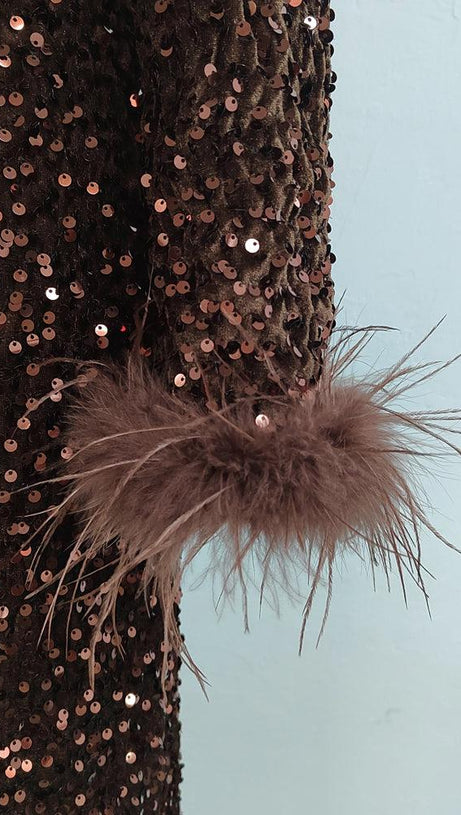 SEQUIN FEATHER LONG SLEEVES MIDI DRESS