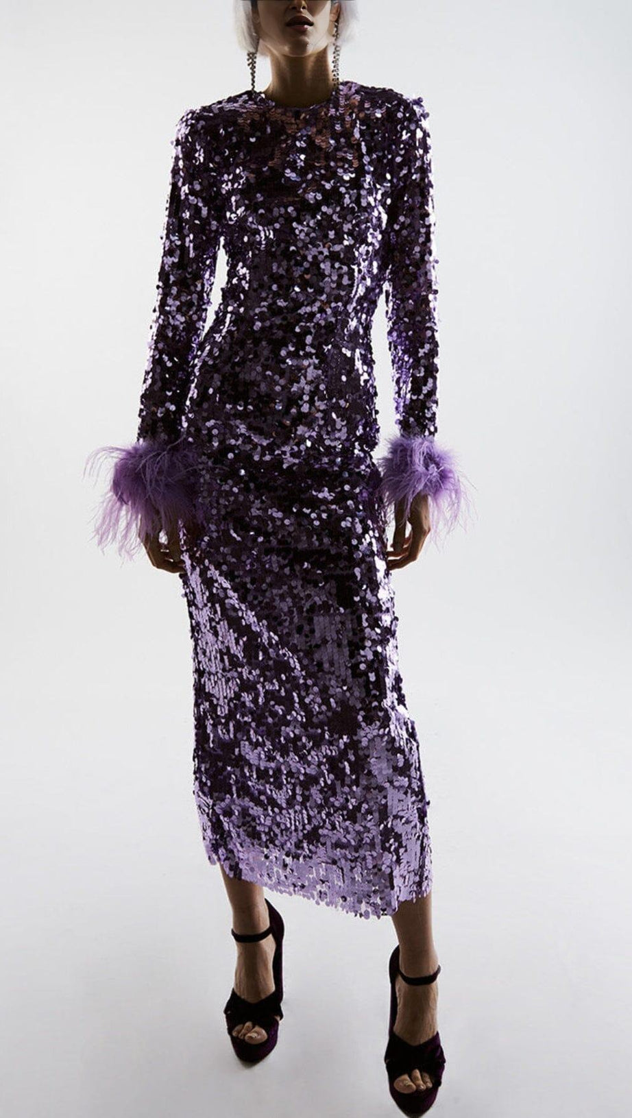 SEQUIN FEATHER LONG SLEEVES MIDI DRESS