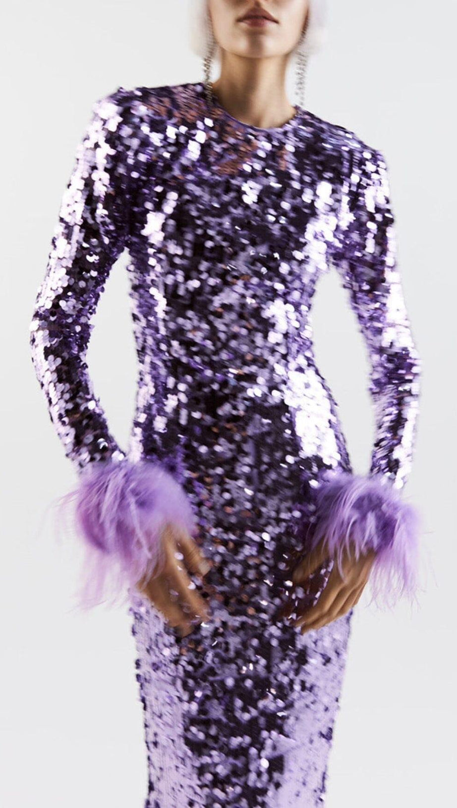 SEQUIN FEATHER LONG SLEEVES MIDI DRESS