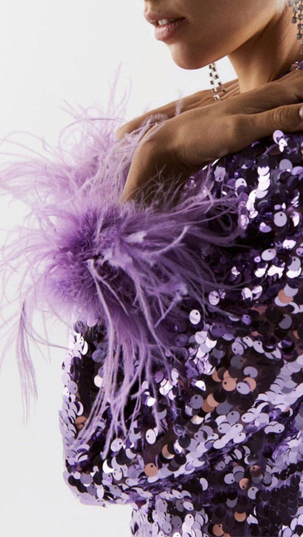ABITO MIDI A MANICHE LUNGHE CON PIUME E PAILLETTES