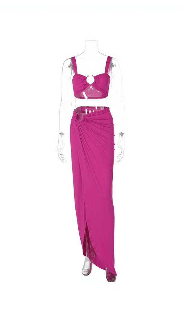 AIIZIE METAL HARDWARE SPLIT SKIRT SET IN HOT PINK - product image