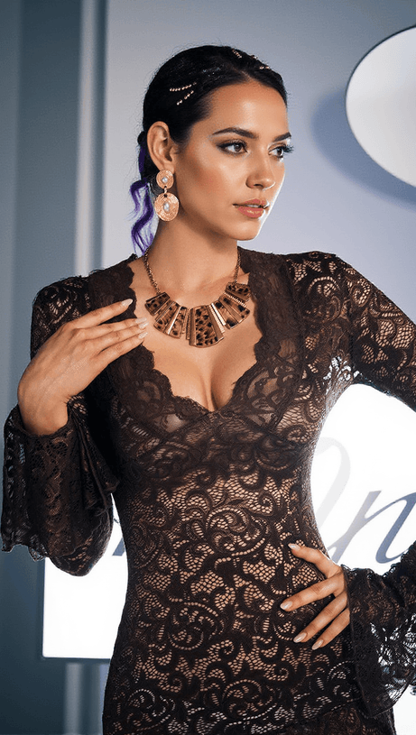 ANGHARAD V NECK LACE MINI DRESS