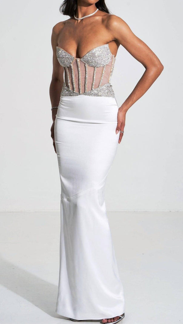AIIZIE WHITE CRYSTAL CORSET SATIN GOWN - product image