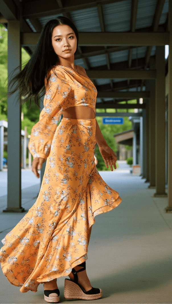 Aiyana – Gelbes Maxikleid mit One-Shoulder-Träger und Blumenmuster