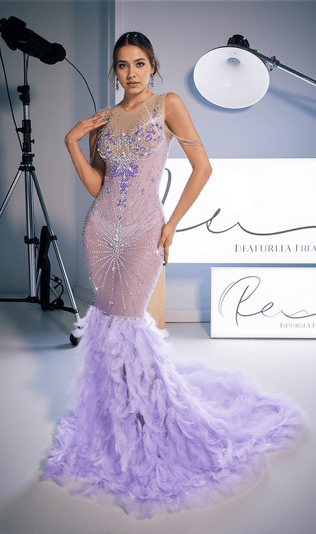 Abito lungo con piume e strass Chaviv