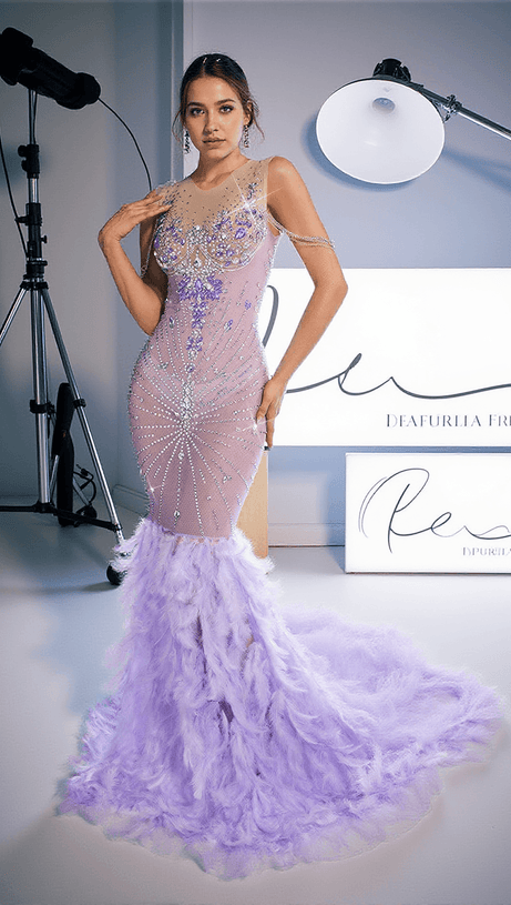 CHAVIV RHINESTONE FEATHER MAXI DRESS