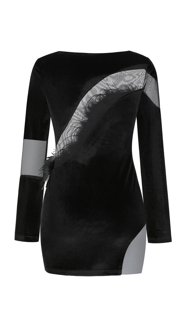 AIIZIE LONG SLEEVES FEATHER MINI DRESS IN BLACK - product image