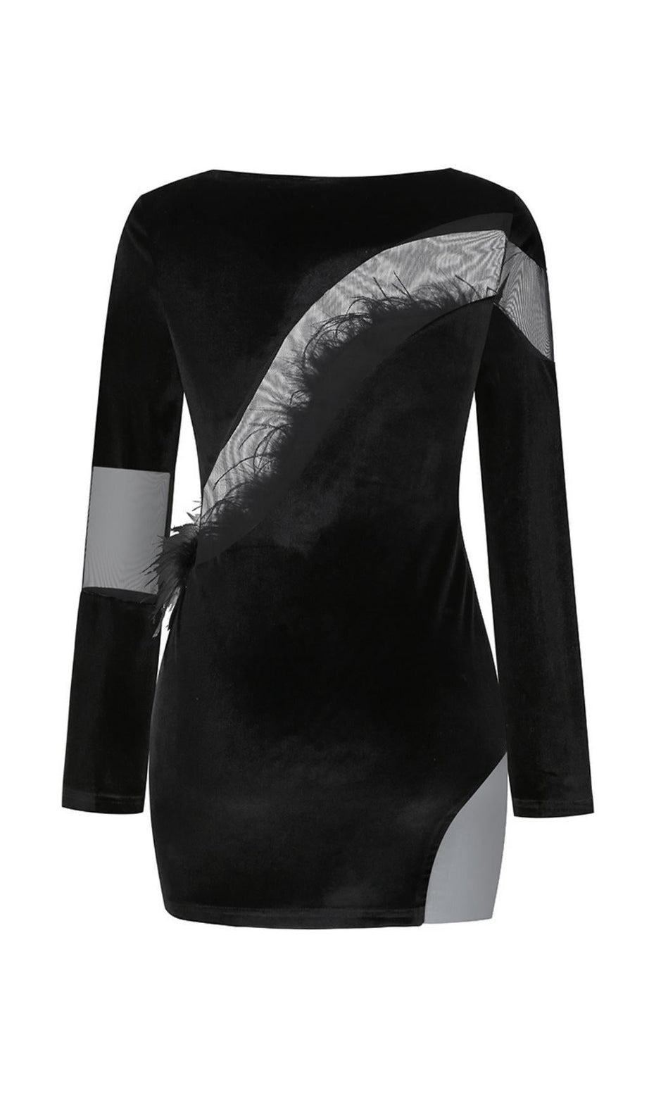 LANGÄRMELIGES MINIKLEID MIT FEDERN IN SCHWARZ