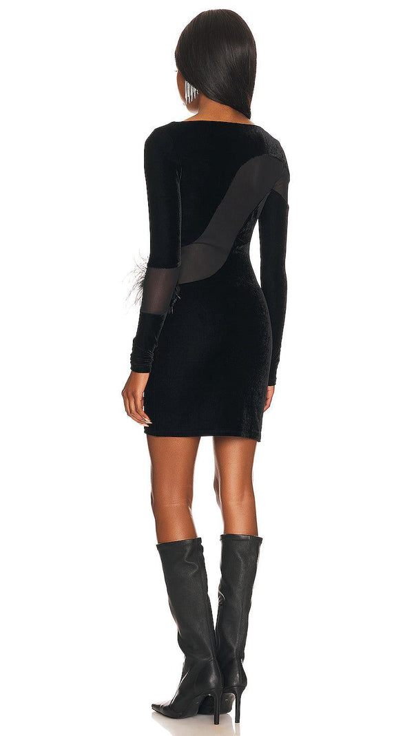 AIIZIE LONG SLEEVES FEATHER MINI DRESS IN BLACK - product image