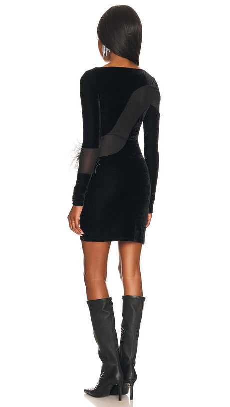 LONG SLEEVES FEATHER MINI DRESS IN BLACK