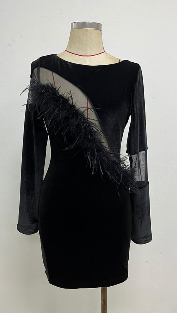 AIIZIE LONG SLEEVES FEATHER MINI DRESS IN BLACK - product image