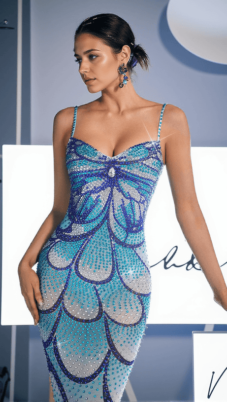 CRO��A SPAGHETTI PRINT CRYSTAL MAXI DRESS