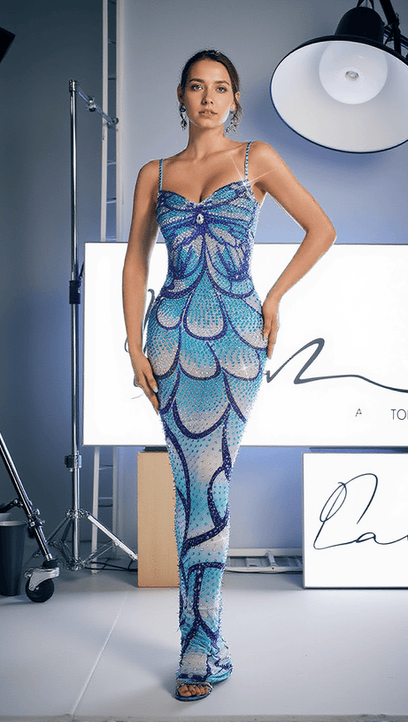 CRO��A SPAGHETTI PRINT CRYSTAL MAXI DRESS
