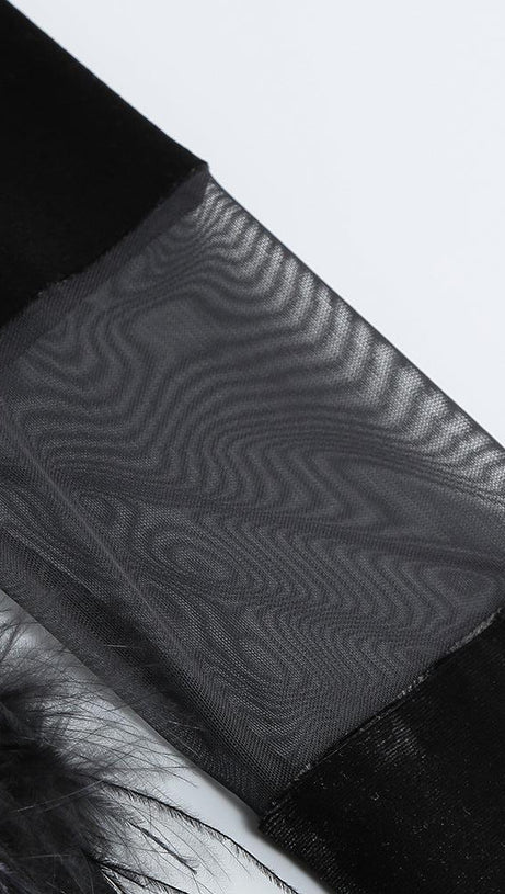 LONG SLEEVES FEATHER MINI DRESS IN BLACK