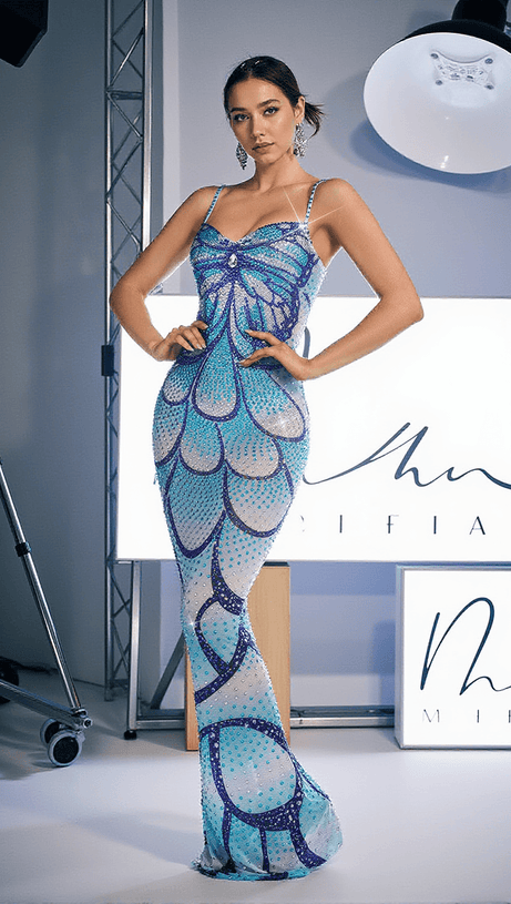 CRO��A SPAGHETTI PRINT CRYSTAL MAXI DRESS