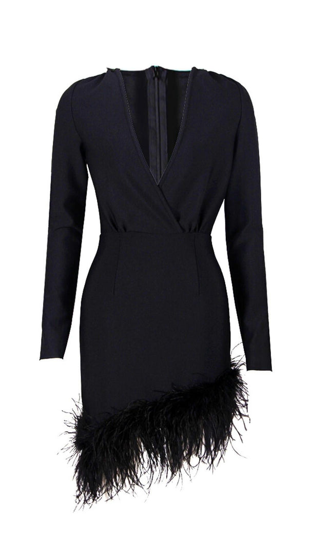 AIIZIE LONG SLEEVES FEATHER MINI DRESS IN BLACK - product image