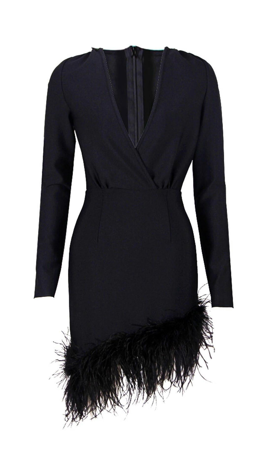 LANGÄRMELIGES MINIKLEID MIT FEDERN IN SCHWARZ