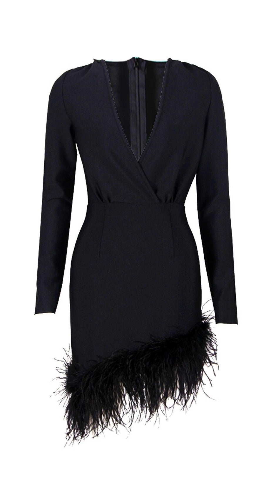 LONG SLEEVES FEATHER MINI DRESS IN BLACK