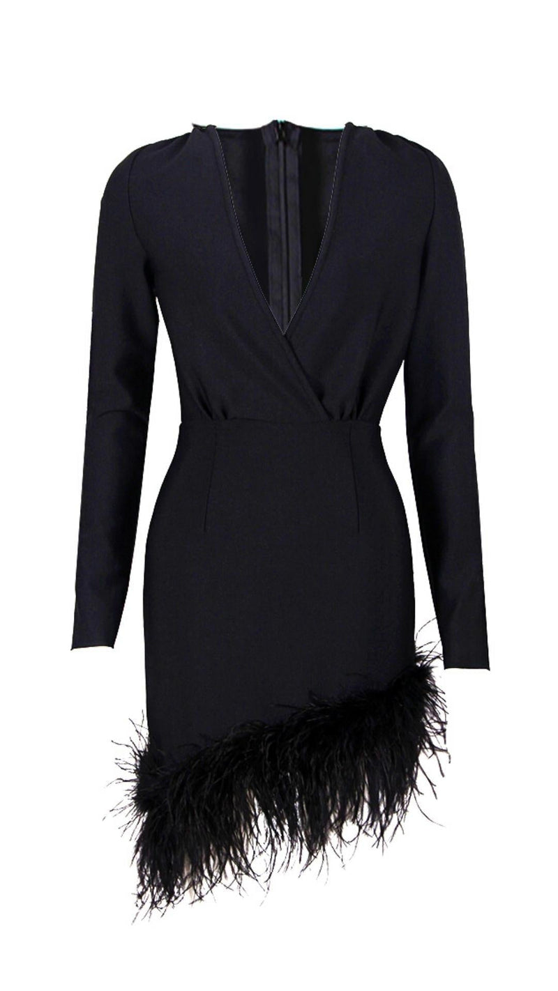 LONG SLEEVES FEATHER MINI DRESS IN BLACK