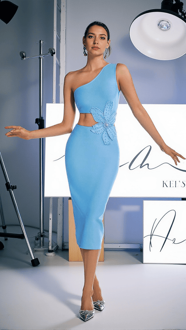 AIIZIE CORDIAN ONE SHOULDER PEARL FLOWER MIDI DRESS - product image