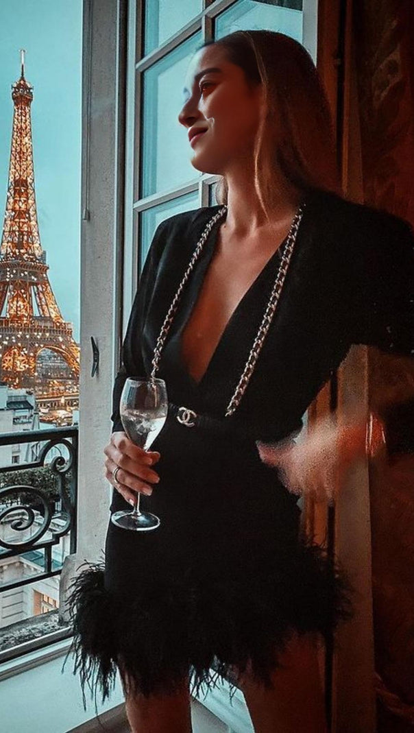 AIIZIE LONG SLEEVES FEATHER MINI DRESS IN BLACK - product image