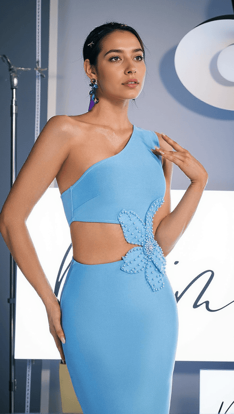 CORDIAN ONE SHOULDER PEARL FLOWER MIDI DRESS