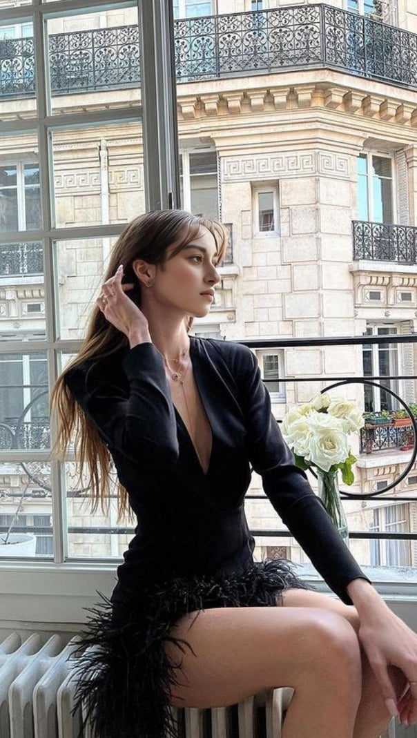 AIIZIE LONG SLEEVES FEATHER MINI DRESS IN BLACK - product image