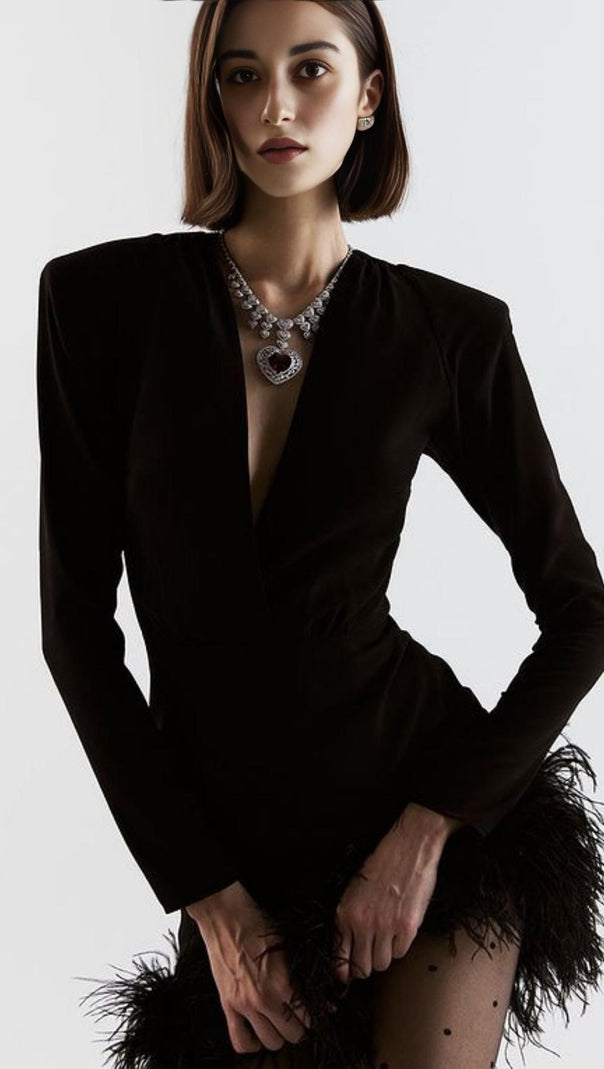 AIIZIE LONG SLEEVES FEATHER MINI DRESS IN BLACK - product image