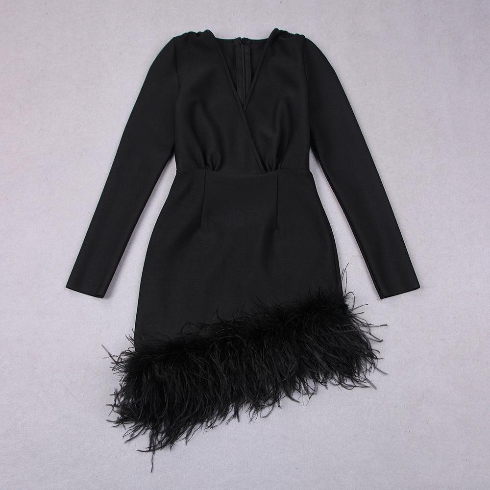 AIIZIE LONG SLEEVES FEATHER MINI DRESS IN BLACK - product image