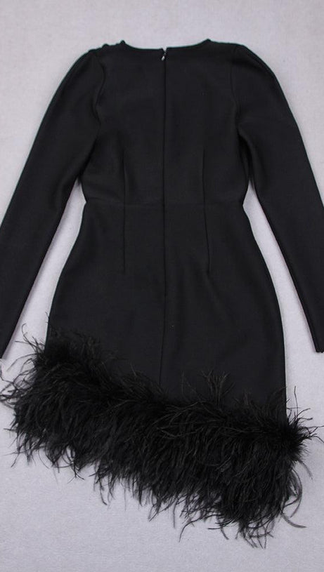 LONG SLEEVES FEATHER MINI DRESS IN BLACK