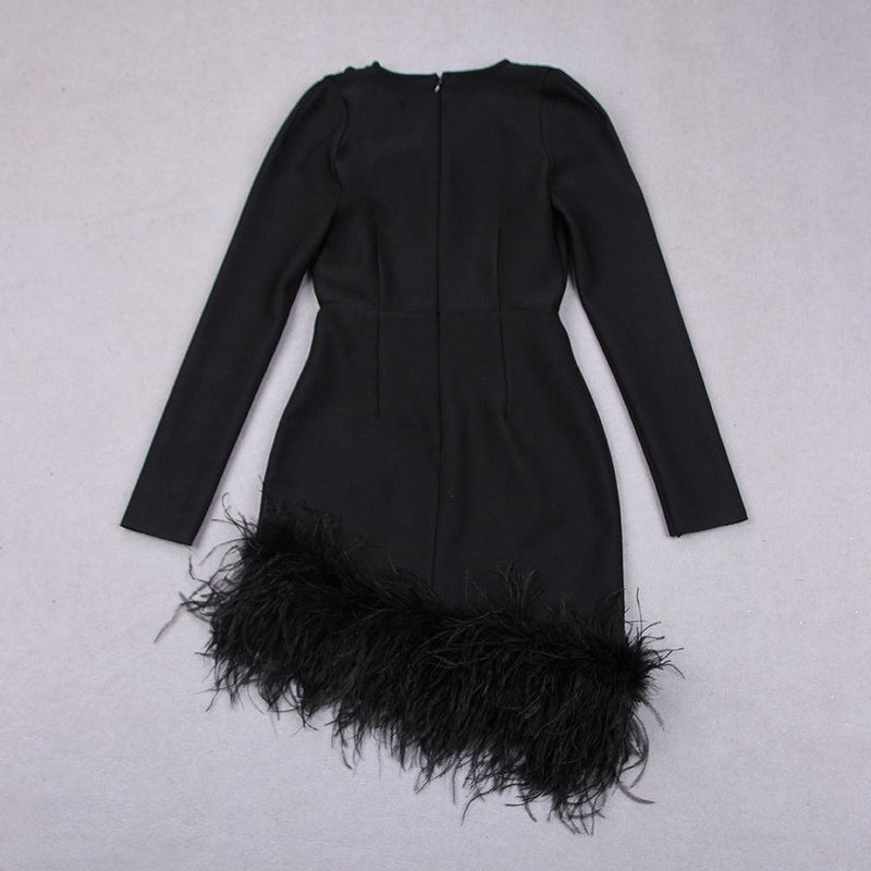 LONG SLEEVES FEATHER MINI DRESS IN BLACK