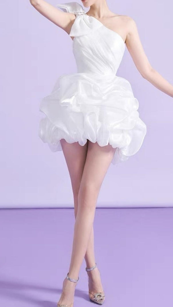 AIIZIE WHITE ONE SHOULDER BOWKNOT MINI DRESS - product image