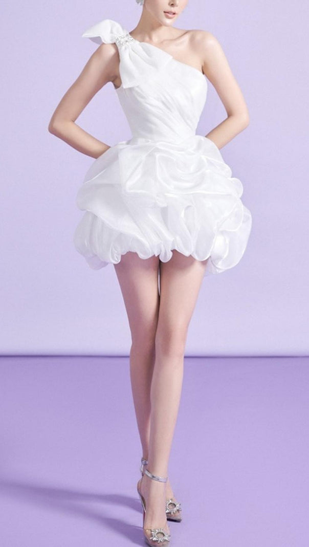AIIZIE WHITE ONE SHOULDER BOWKNOT MINI DRESS - product image