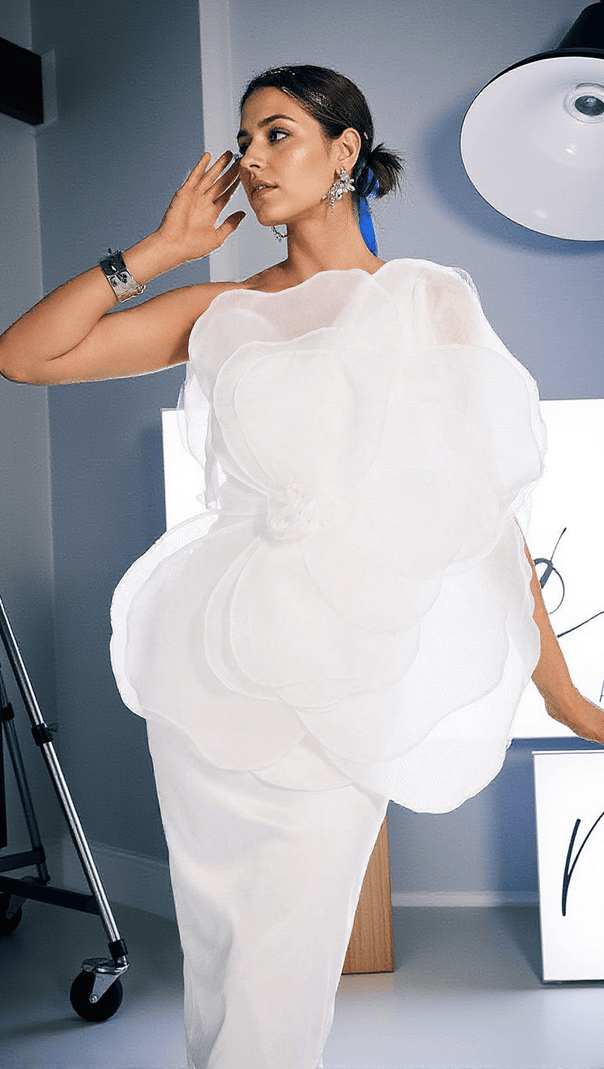 AIIZIE GANNON ONE SHOULDER FLOWER SATIN MIDI DRESS - product image
