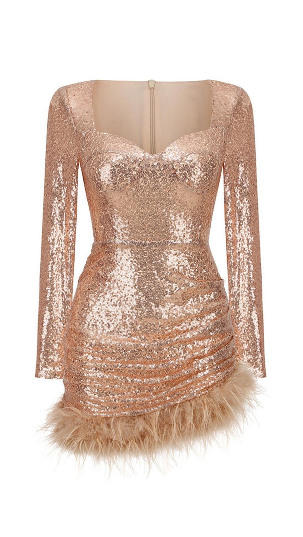 AIIZIE SEQUIN FEATHER MINI DRESS IN ROSE GOLD - product image