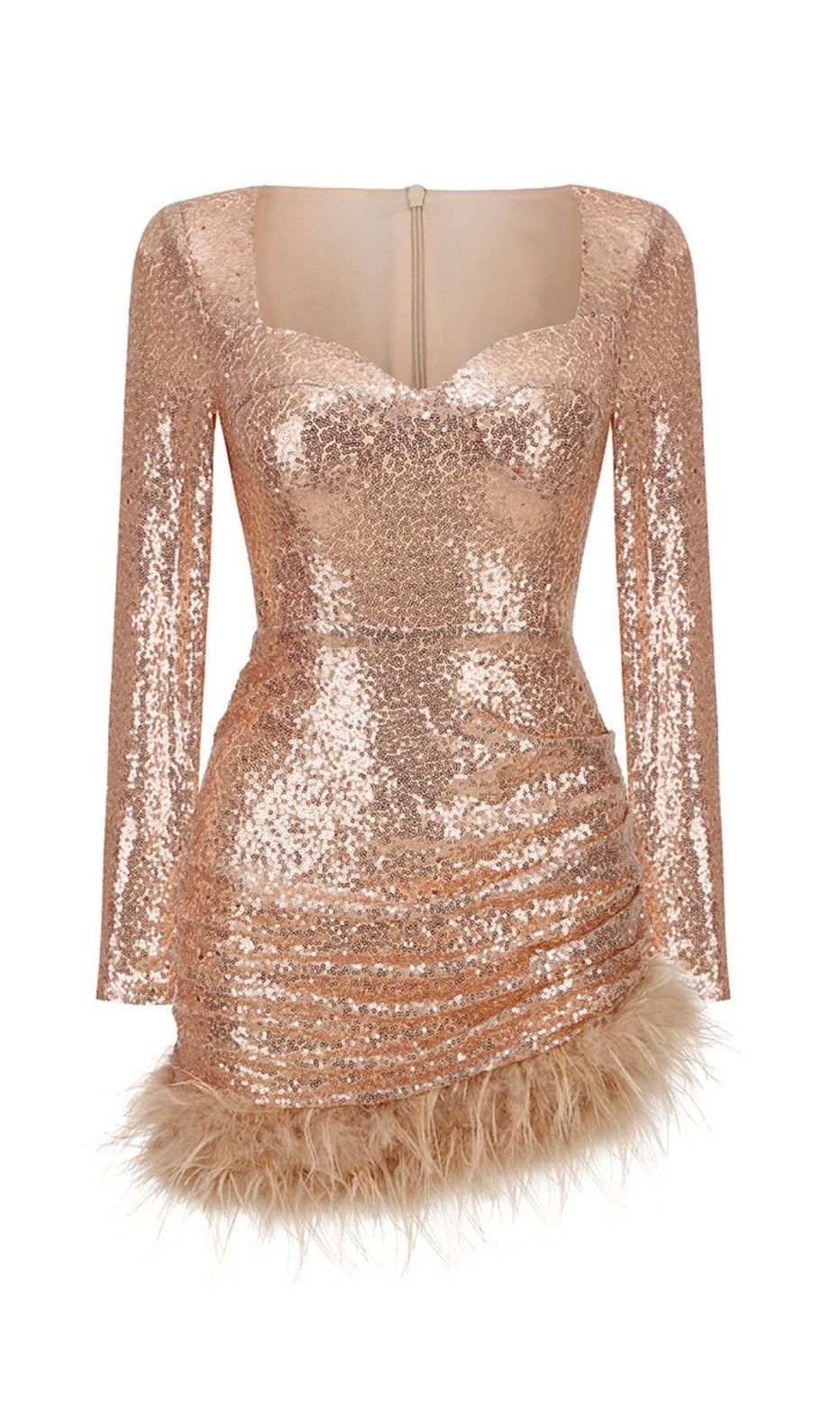 MINIKLEID MIT PAILLETTEN UND FEDERN IN ROSÉGOLD