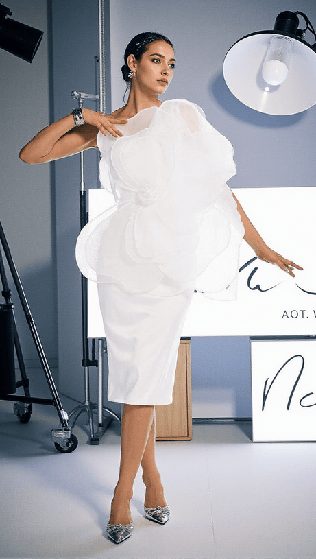 ABITO MIDI IN RASO CON FIORI E MONOSPALLA GANNON