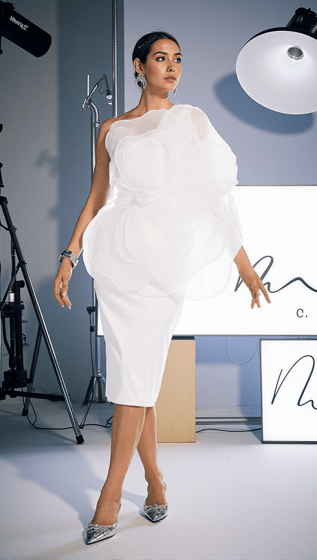 ABITO MIDI IN RASO CON FIORI E MONOSPALLA GANNON