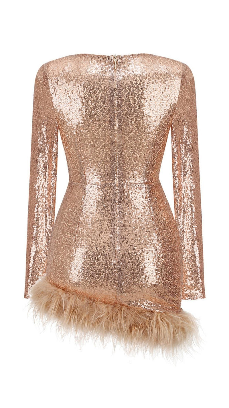 SEQUIN FEATHER MINI DRESS IN ROSE GOLD